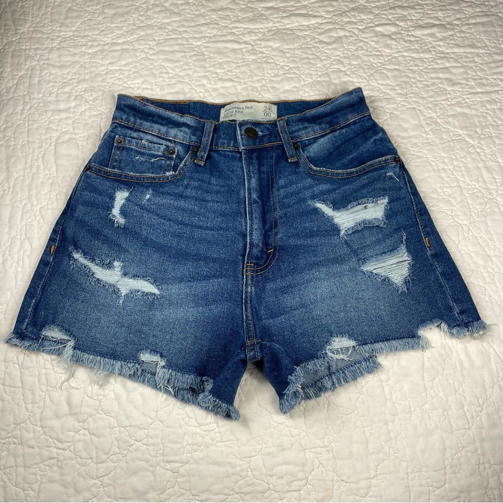 🔥Abercrombie & Fitch Distressed High Waist Denim Shorts Mid Wash Frayed Hem